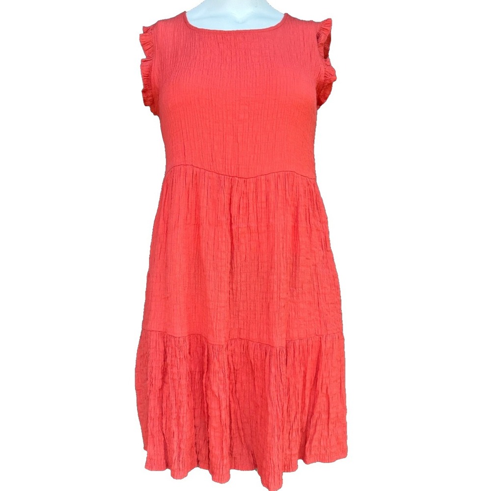 Sonoma Coral Orange Tiered Crinkle Dress S Boho Cottagecore Ruffle Pockets Coast - Picture 14 of 14